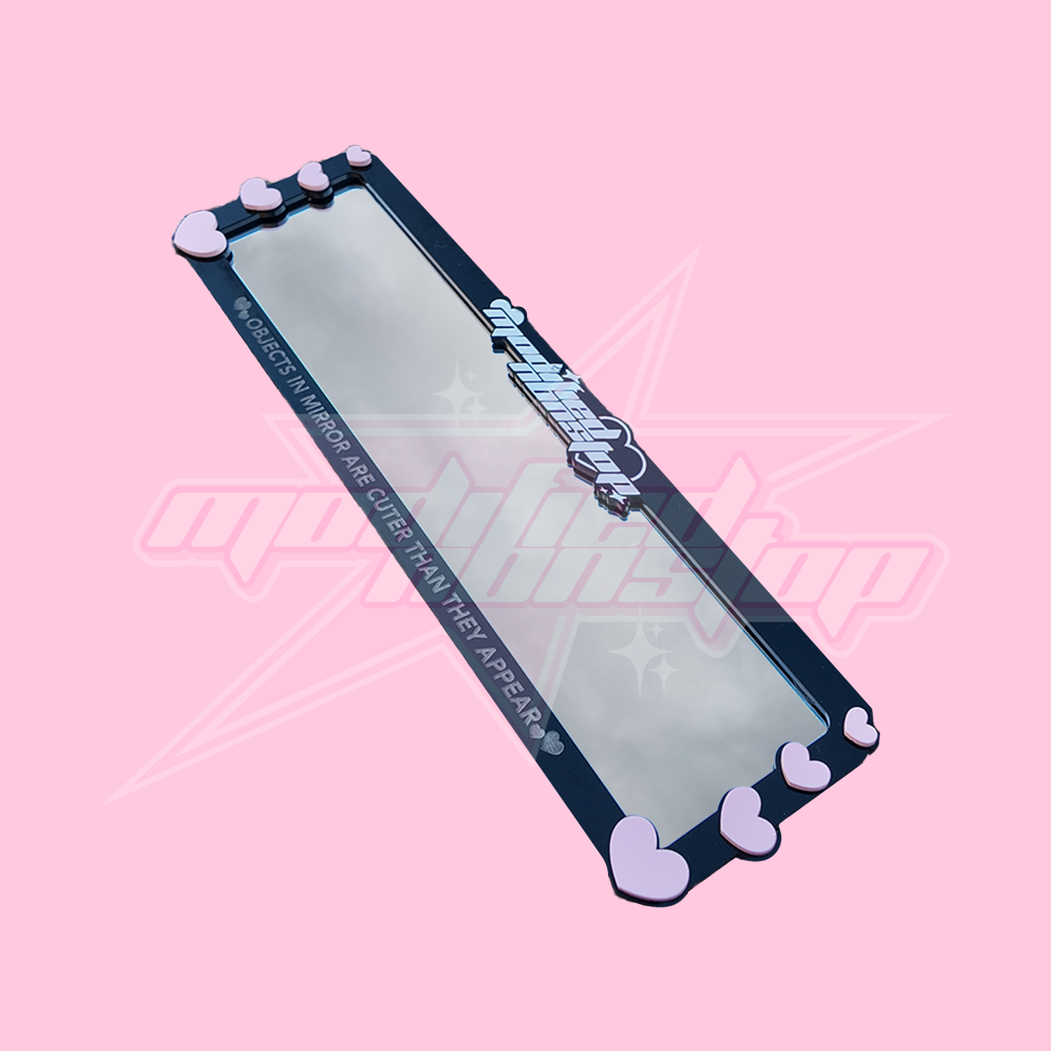 Black with Pink Hearts Clip-on Rear View Mirror